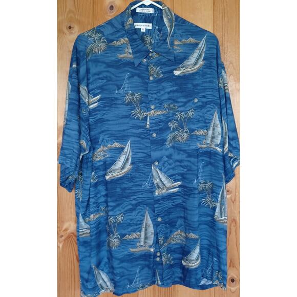 VTG Pierre Cardin Blue Cabana Shirt Mens XL Sailboat Palm Tree Hawaiian Beach - Picture 3 of 5